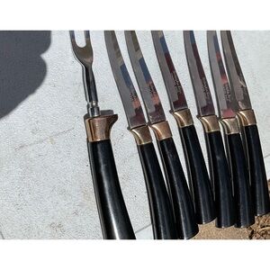 Mcm SHEFFIELD STEAK KNIVES WITH SERVING FORK SET.Black Bakelite handles